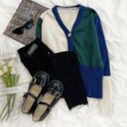 Long-sleeve V-neck Color Block Knit Cardigan Green - One Size