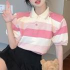 Puff-sleeve Collar Striped T-shirt Stripe - Pink - One Size