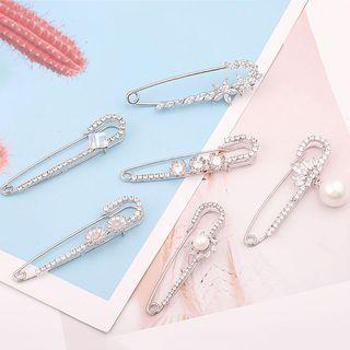Rhinestone / Faux Pearl Safety Pin Brooch