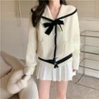 Long-sleeve Contrast Trim Bow Knit Jacket White - One Size