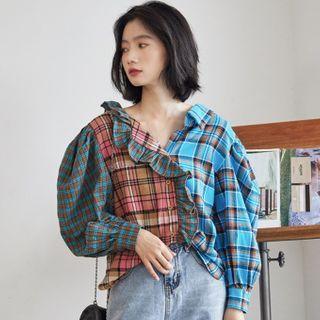 Plaid Color Block Blouse Plaid - Cyan & Blue & Tangerine & Pink & Coffee - One Size