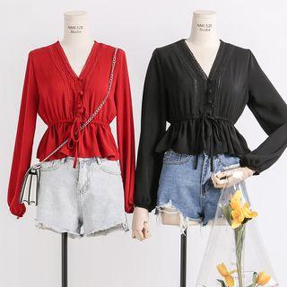 Drawstring-waist Lace-trim V-neck Blouse