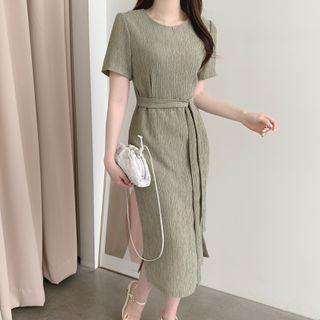 Short Sleeve Plain Slit A-line Dress