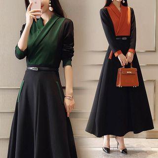 Long-sleeve Shawl-lapel Maxi A-line Dress