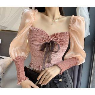Long-sleeve Shirred Velvet Crop Top