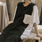 Two-tone Elbow-sleeve T-shirt Black & White - One Size