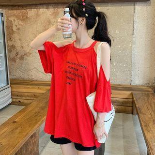 Off-shoulder Lettering Printed T-shirt