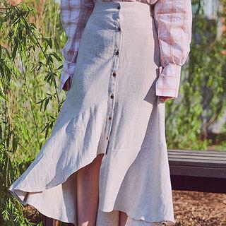 Buttoned Asymmetric Linen Blend Long Skirt
