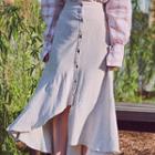 Buttoned Asymmetric Linen Blend Long Skirt