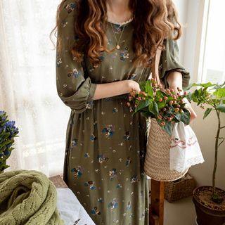 3/4-sleeve Floral Print Long Dress