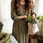3/4-sleeve Floral Print Long Dress