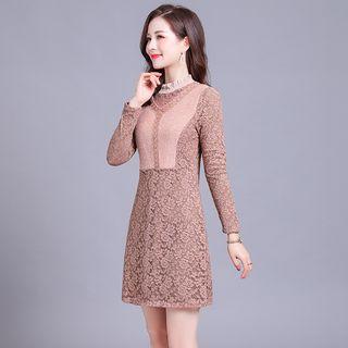 Mock-turtleneck Long-sleeve A-line Mini Lace Dress