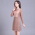 Mock-turtleneck Long-sleeve A-line Mini Lace Dress