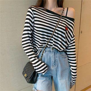 Long-sleeve Asymmetric Shoulder Striped Heart Printed T-shirt Stripe - One Size