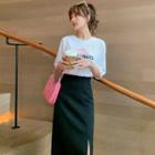 Elbow-sleeve Lettering Print T-shirt / Midi A-line Skirt