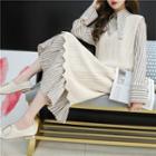 Set: Cable Knit Long Vest + Long-sleeve Striped Midi Shirt Dress