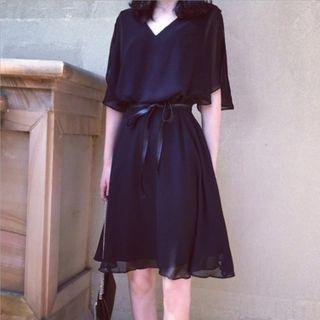Elbow-sleeve Sashed Midi A-line Chiffon Dress