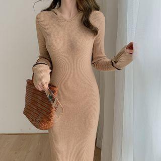 Long-sleeve Hooded Side-slit Knit Maxi Sheath Dress
