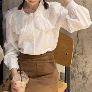 Long-sleeve Ruffled Collar Shirt White - One Size