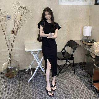 Short-sleeve Round-neck Plain Slit Dress