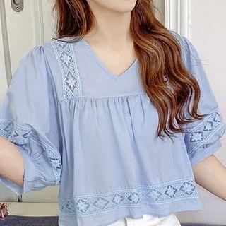 Puff-sleeve Eyelet Lace Trim Chiffon Top