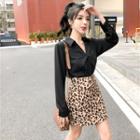 V-neck Blouse / Leopard Print Mini A-line Skirt