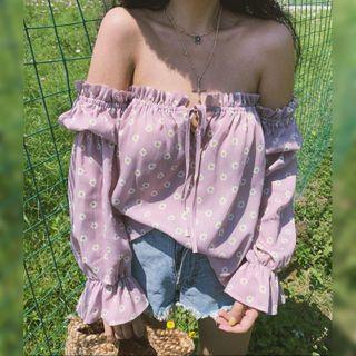 Long Sleeve Frilled Trim Floral Print Off-shoulder Top