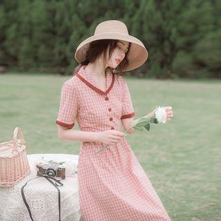 Short-sleeve Contrast Trim Plaid A-line Midi Dress