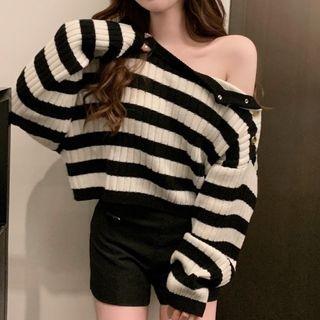 One-shoulder Striped Cropped Sweater Stripes - Black & White - One Size
