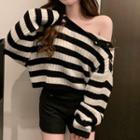 One-shoulder Striped Cropped Sweater Stripes - Black & White - One Size