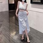 Button-up Crop Sleeveless Top / Drawstring Midi A-line Skirt