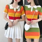 Short-sleeve Striped Knit Polo Shirt / Mini Bodycon Polo Dress