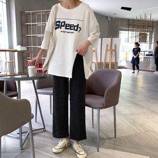 Elbow-sleeve Lettering Slit T-shirt / Wide-leg Pants