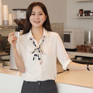 Set: Open-placket Tab-sleeve Blouse + Patterned Scarf
