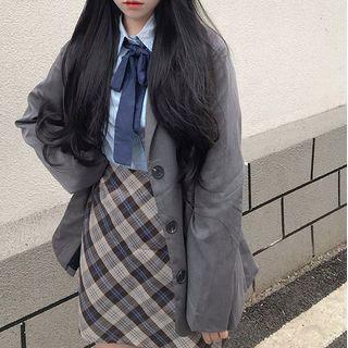 Plain Blazer / Tie Neck Blouse / Plaid A-line Skirt