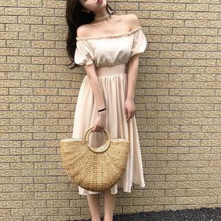 Plain Off Shoulder Short Sleeve Midi Dress