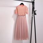 Short-sleeve Zigzag Pattern Knit Top / Midi A-line Mesh Skirt