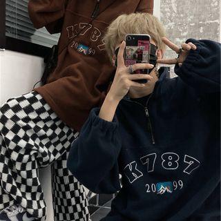 Mock-neck Half-zip Numbering Fleece Sweatshirt