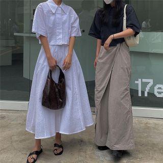 Elbow-sleeve Plain Shirt / Maxi A-line Skirt