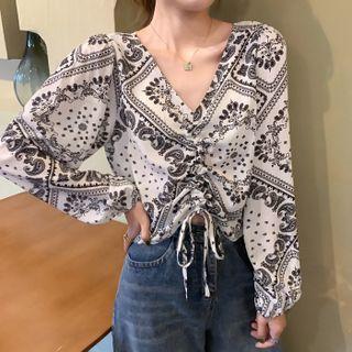 Long-sleeve V-neck Paisley Drawstring Cropped Top