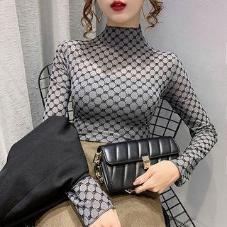 Mock-neck Lettering Print Mesh Top
