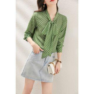Tie-neck Dot Print Blouse