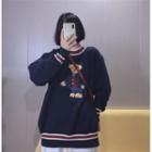 Long-sleeve Bear Printed Knit Sweater Navy Blue - One Size
