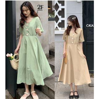Button Detail Short-sleeve Midi A-line Dress