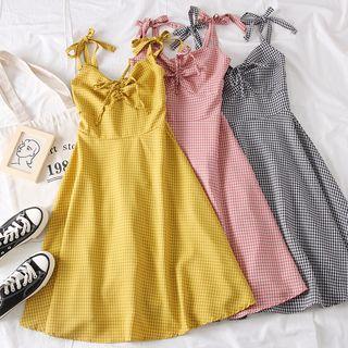 Ribbon-strap Drawstring Checked A-line Dress