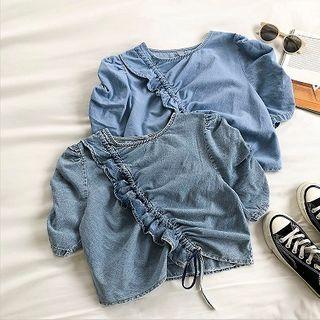 Asymmetric Ruffled-trim Denim Short-sleeve Top