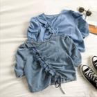 Asymmetric Ruffled-trim Denim Short-sleeve Top