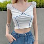 Contrast Trim Puff-sleeve Cropped Top