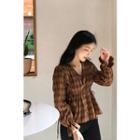 V-neck Plaid Empire Blouse Brown - One Size