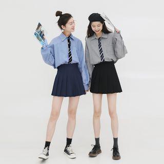Striped Shirt With Striped Neck Tie / Pleated Mini A-line Skirt